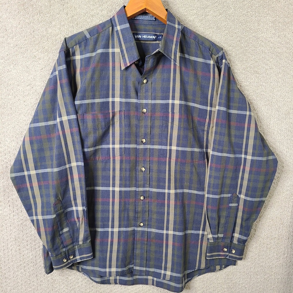 Vintage Van Heusen Shirt Mens L Blue Green Plaid Button Down Poly Cotton Blend